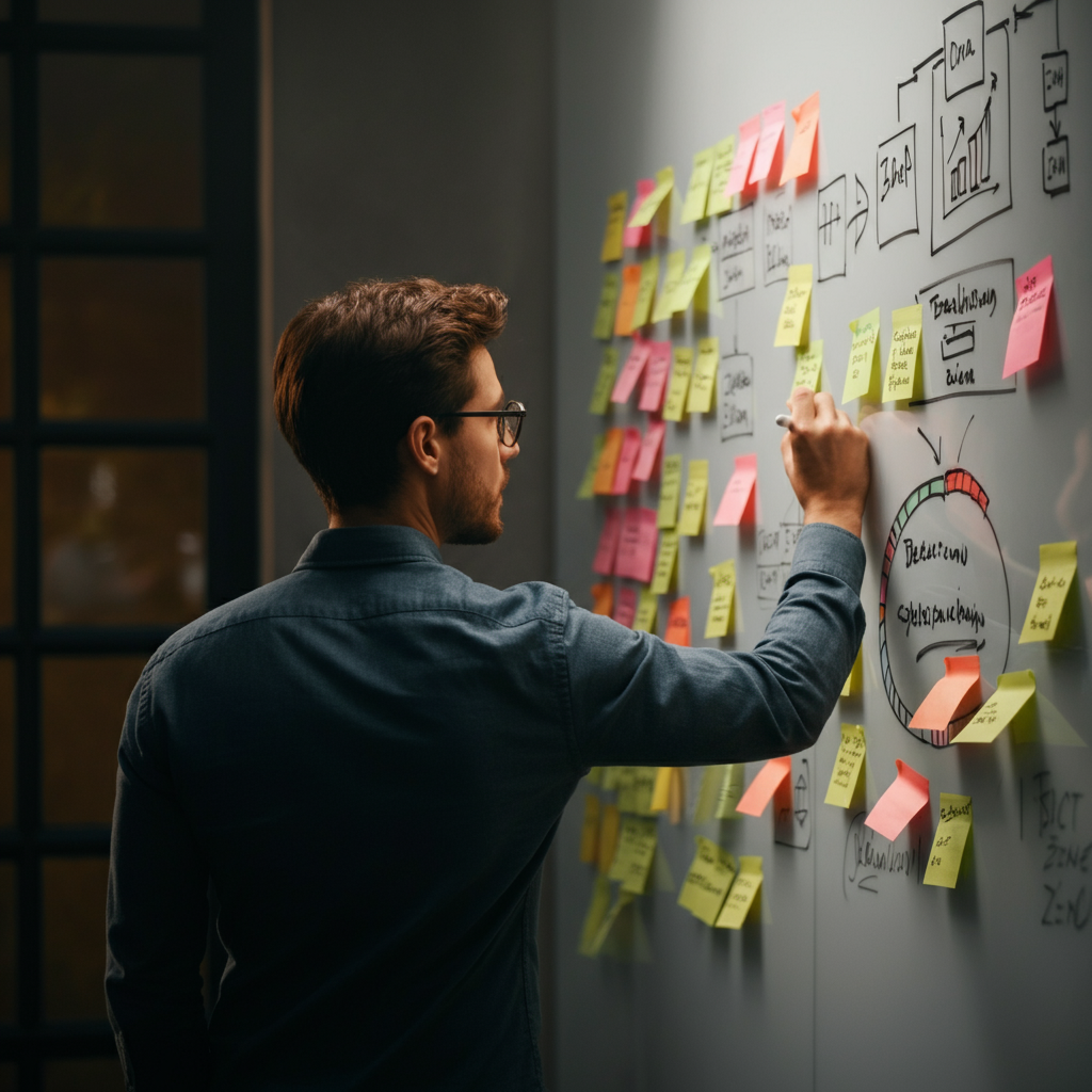 A whiteboard in a brightly lit conference room, filled with colorful sticky notes and brainstorming diagrams, illustrating a team working together to develop new product ideas and marketing strategies.
