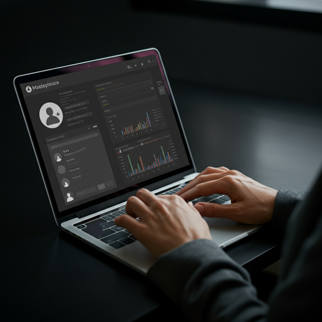 A close-up of a person's hands typing on a laptop keyboard, with a screen displaying social media analytics and marketing campaign data. Soft bokeh in the background, focusing on the hands and the screen.