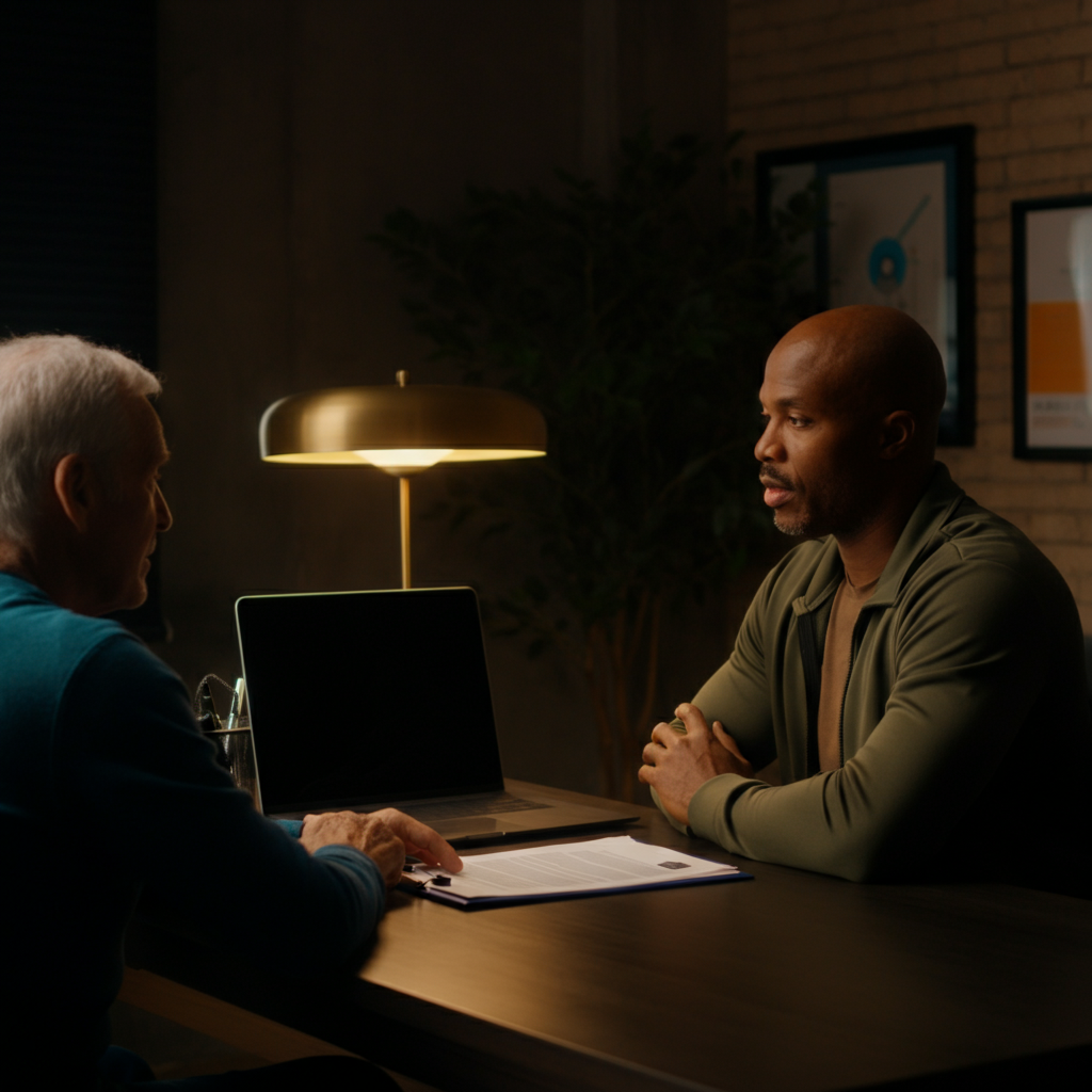 A financial advisor sitting across from a small business owner in a well-appointed office, reviewing financial documents and discussing debt management strategies. The lighting is professional and conducive to a serious conversation.