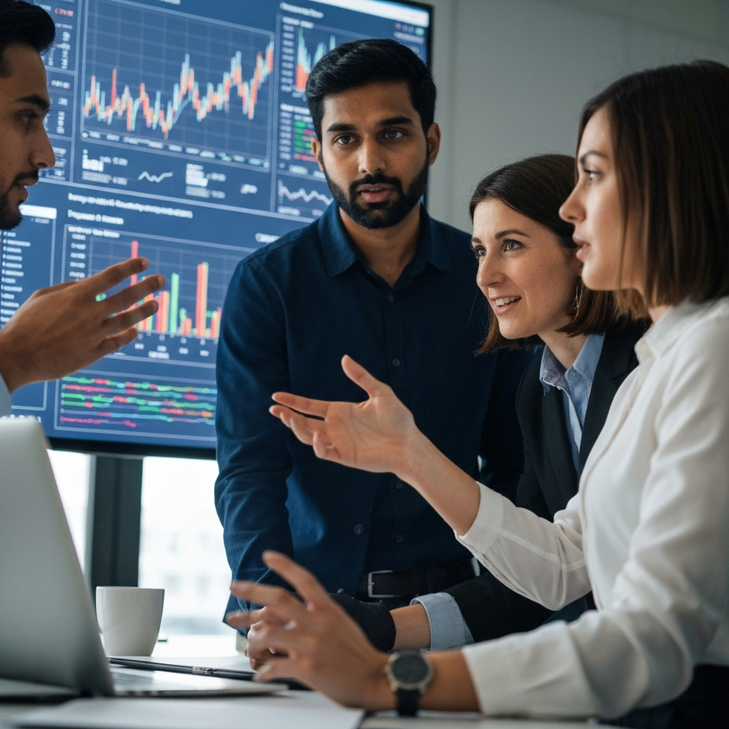 A team of professionals gathered around a large screen displaying real-time market data and trend analysis. They are engaged in a dynamic discussion, suggesting innovation and adaptability in the face of changing economic conditions.