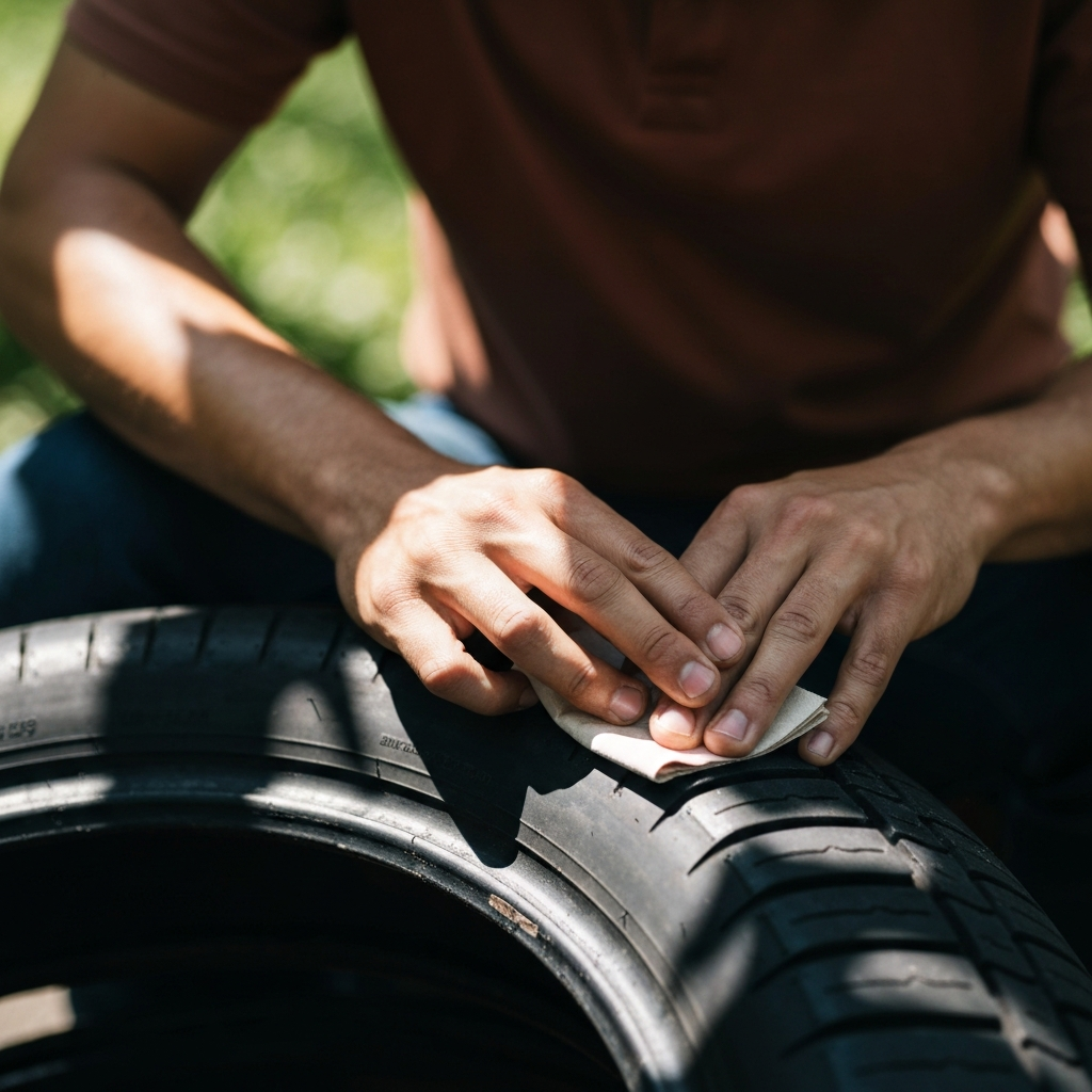 A close-up shot of a person's hands sanding a black tire with sandpaper, sunlight filtering through leaves casting dappled shadows on the tire's surface.