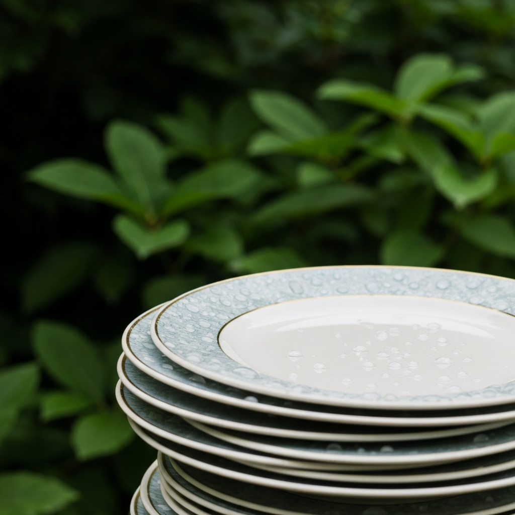 A close-up shot of a bird bath made from stacked china plates in a lush green garden. Water droplets glisten on the surface of the plates. Soft focus on the background foliage.