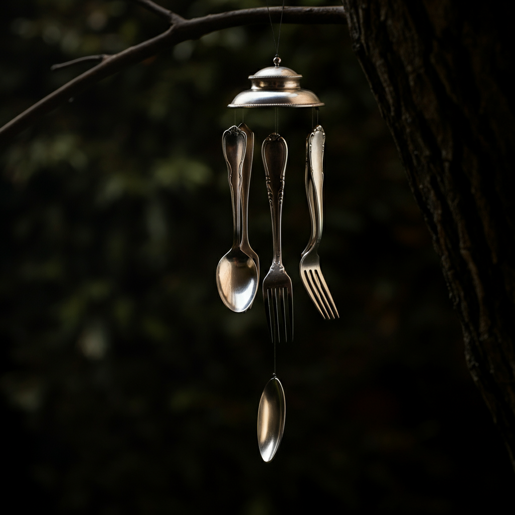 A medium shot of a wind chime made from antique silverware hanging from a tree branch. Backlit to showcase the silhouette of the utensils.