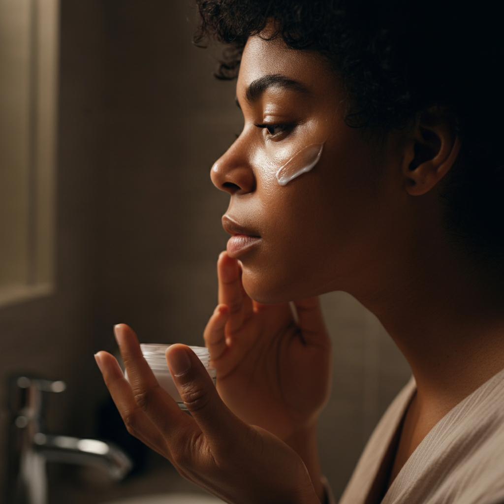 A close-up of a hand gently applying moisturizer to a clean, healthy face. Soft, diffused lighting emphasizes the texture of the skin. A minimalist bathroom sink and faucet are subtly blurred in the background. 