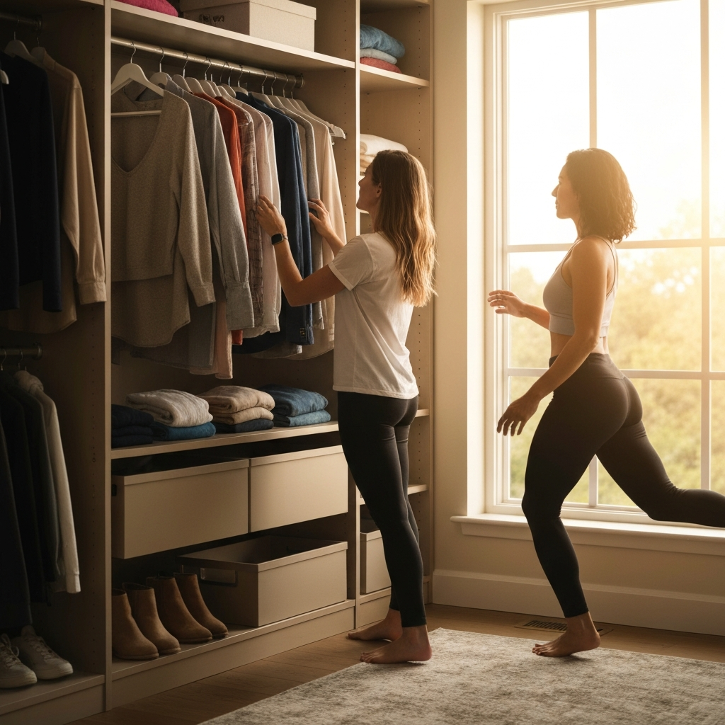 A woman stands in front of a well-organized closet, thoughtfully selecting an outfit. The closet contains a variety of clothing items in different colors and styles. Natural light streams through a nearby window, casting a soft glow on the scene.