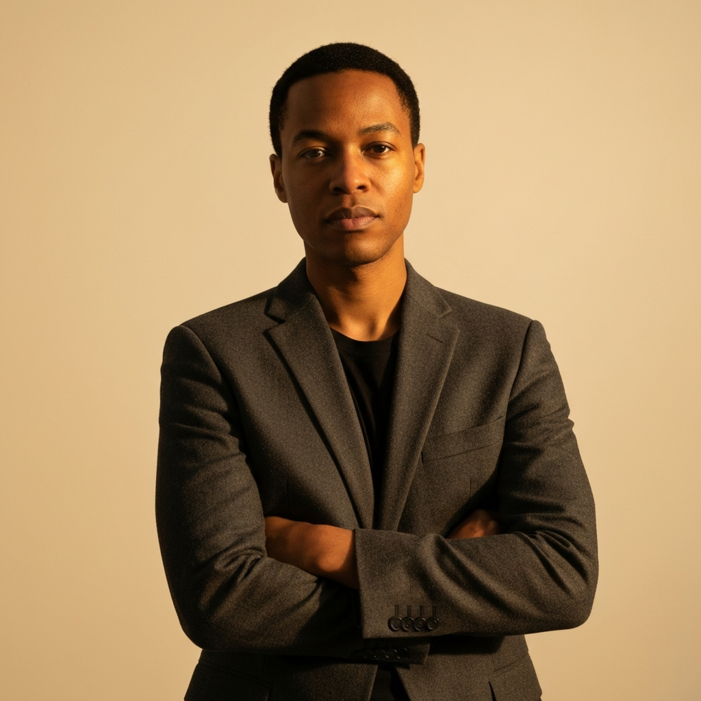 A person stands confidently with good posture, their shoulders back and head held high. Soft, golden-hour lighting highlights the texture of their clothes and the determined expression on their face.