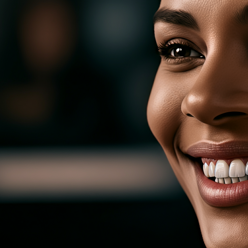 A close-up of a person smiling genuinely, showcasing healthy, white teeth. The lighting is soft and diffused, highlighting the natural texture of the teeth and lips. The background is slightly blurred, focusing attention on the smile.