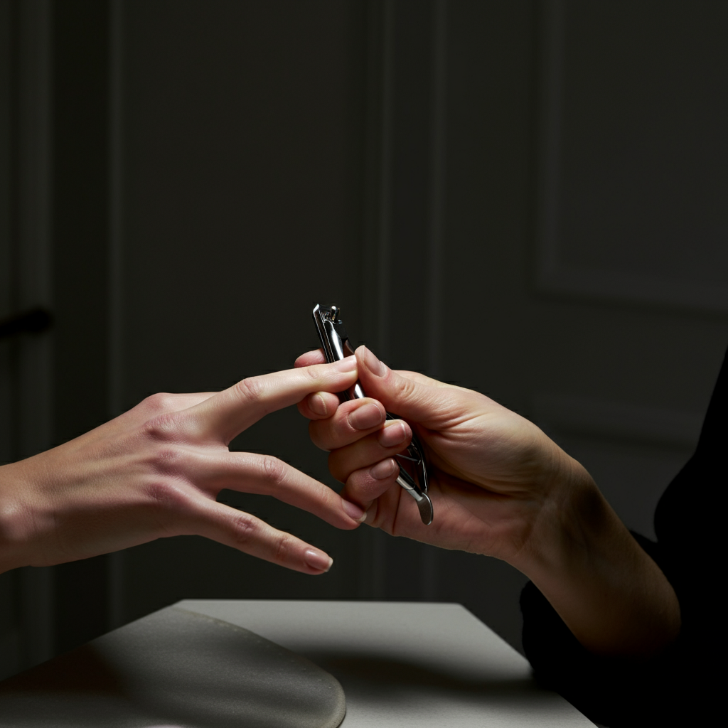 A person carefully manicures their fingernails, using clippers and a file. The scene is well-lit, allowing for a clear view of the grooming process.