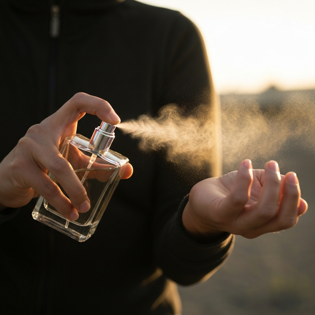 A person delicately sprays perfume onto their wrist. Soft, diffused light highlights the glass bottle and the gentle mist of the fragrance. The background is blurred, creating a sense of intimacy and luxury.