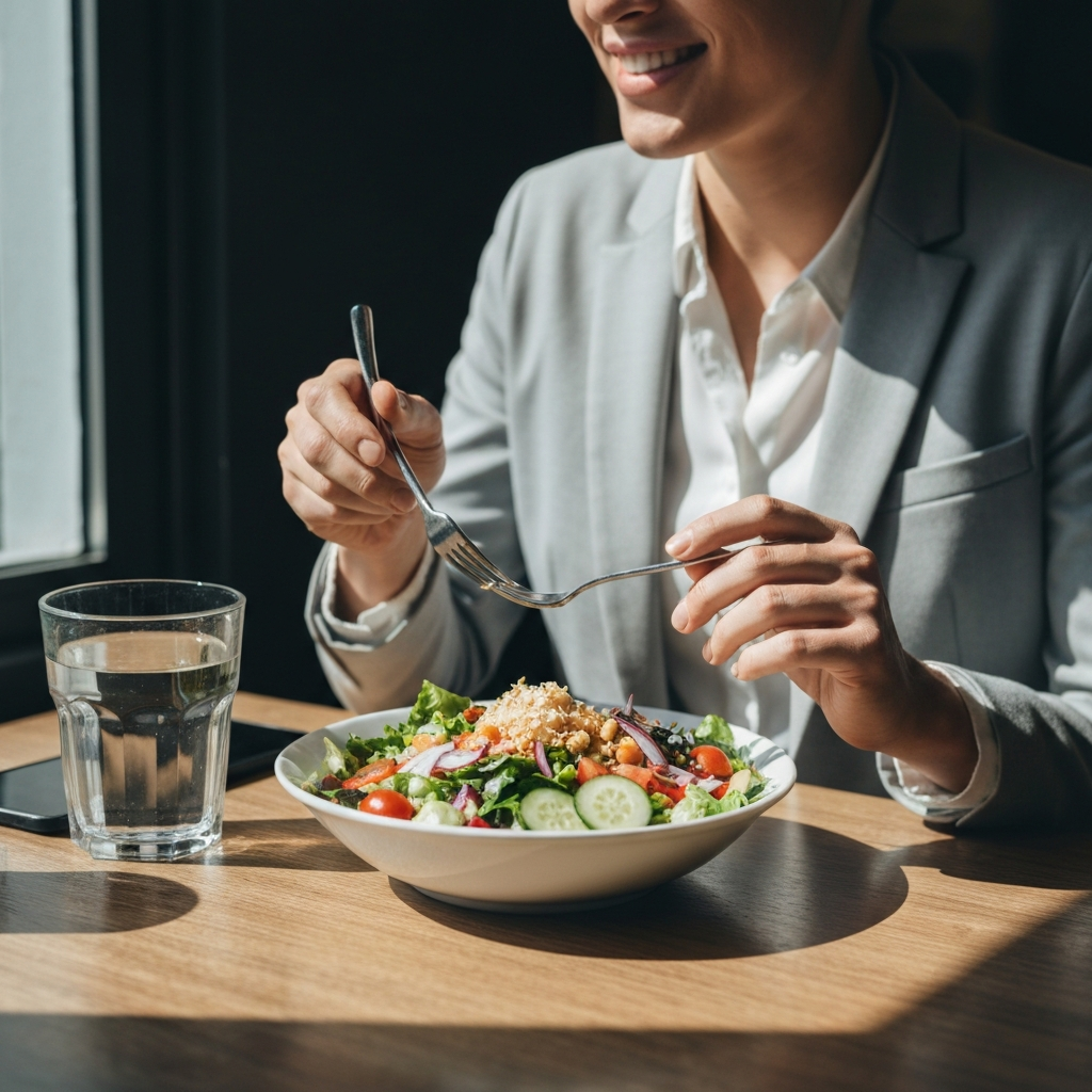 A person enjoys a healthy and colorful salad at a well-lit cafe. Sunlight streams through a window, illuminating the fresh ingredients. The person is smiling and appears relaxed and content.