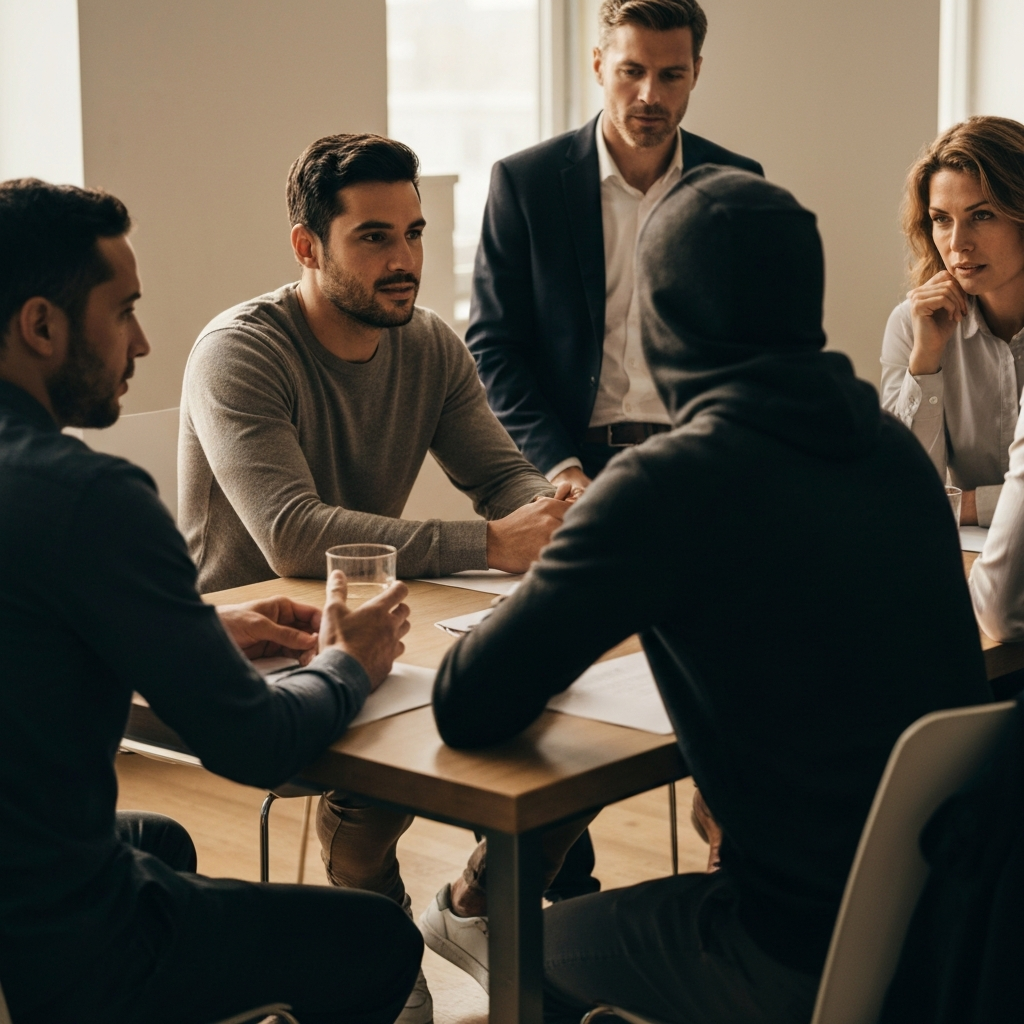 A group of diverse individuals engaged in a lively but respectful discussion around a table. The scene is naturally lit, with soft shadows and a focus on the expressions of the participants. They are all professionally dressed and appear to be listening attentively to each other.
