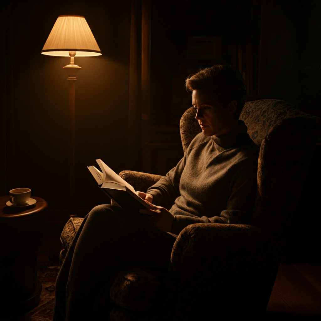 A person sitting in a comfortable armchair, bathed in warm lamplight. They are holding a book and appear to be deep in thought. The scene is cozy and inviting, with a focus on the textures of the chair and the book.