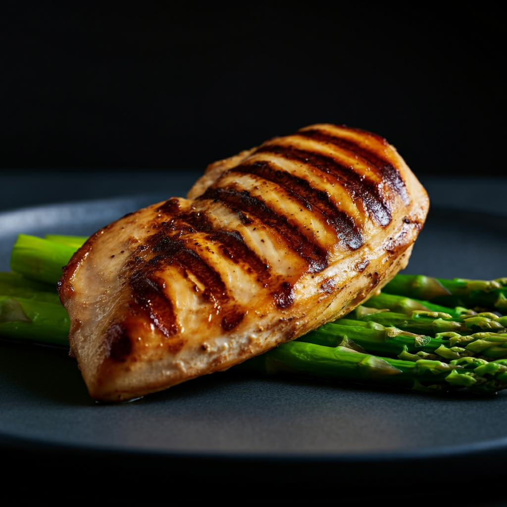 Close-up of a perfectly grilled chicken breast, showcasing the sear marks and juicy interior, plated with vibrant green asparagus, under warm studio lighting.