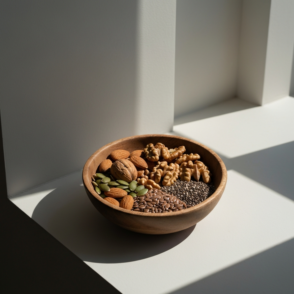 A bowl of mixed nuts and seeds – almonds, walnuts, chia seeds, flax seeds – arranged in a rustic wooden bowl, photographed with natural light filtering through a window, highlighting the textures.