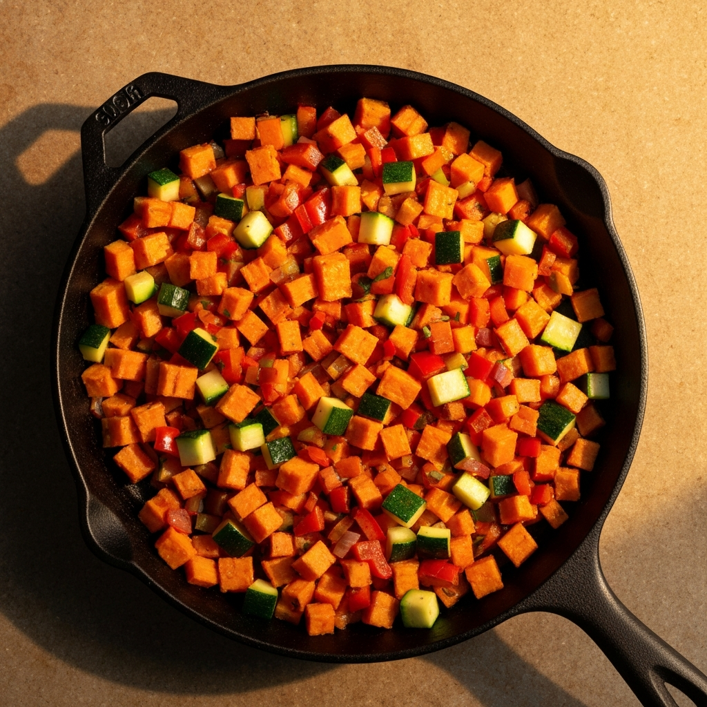 A sweet potato hash with diced vegetables – peppers, onions, zucchini – in a cast iron skillet, photographed from above with shallow depth of field and warm, inviting light.