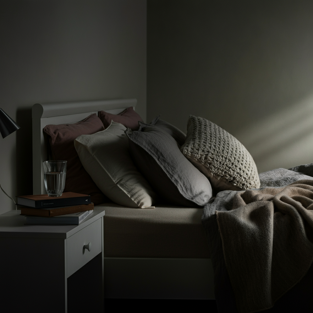 A bedroom scene with soft, diffused light – a neatly made bed with cozy blankets and pillows, a bedside table with a book and a glass of water, suggesting a calm and restful atmosphere.