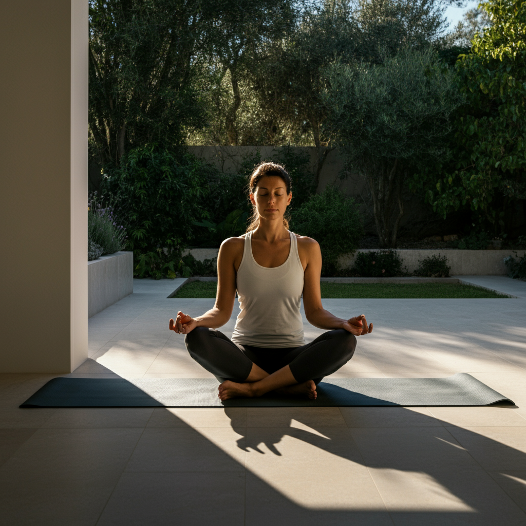 A woman meditating in a peaceful outdoor setting – cross-legged on a yoga mat in a lush garden, with soft focus on the background and golden hour lighting.