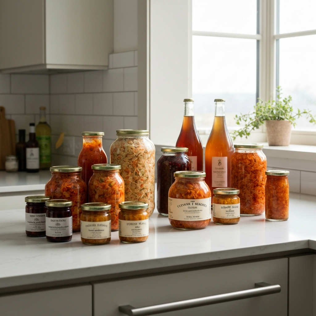 A vibrant array of fermented foods – jars of kimchi, sauerkraut, and kombucha – displayed on a kitchen counter with natural light and clean, minimalist styling.