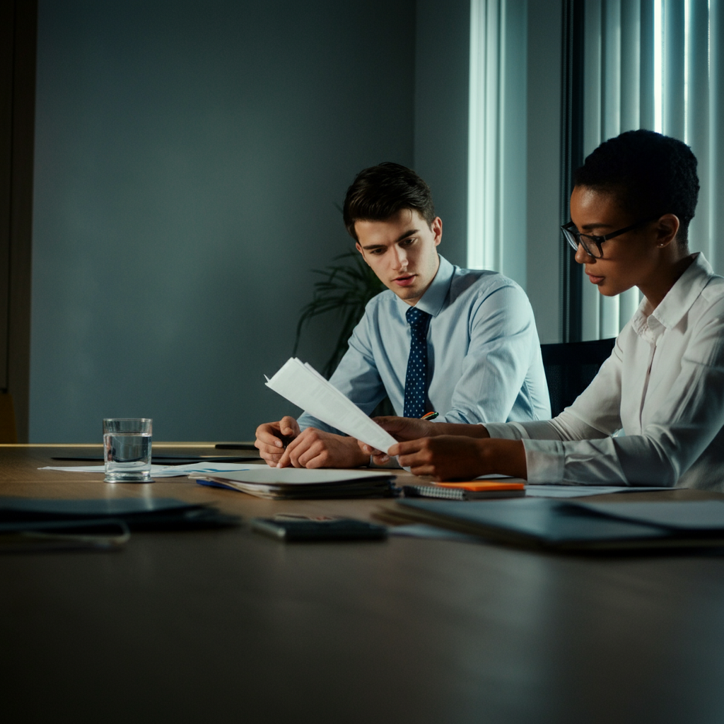 A well-lit office. Two young professionals are engaged in a meeting, focused on discussing documents. The image is professionally composed, conveying serious focus and intent. Natural side lighting highlighting the documents and faces.