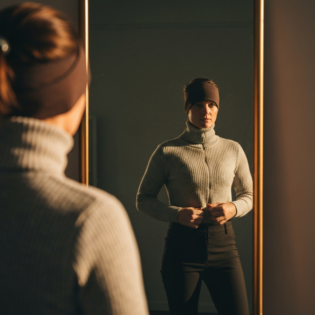 A person is standing in front of a mirror, adjusting their professional business casual outfit, checking their reflection. The light is soft and warm, with focus on the textures and colors of the outfit, conveying a polished and modern look.