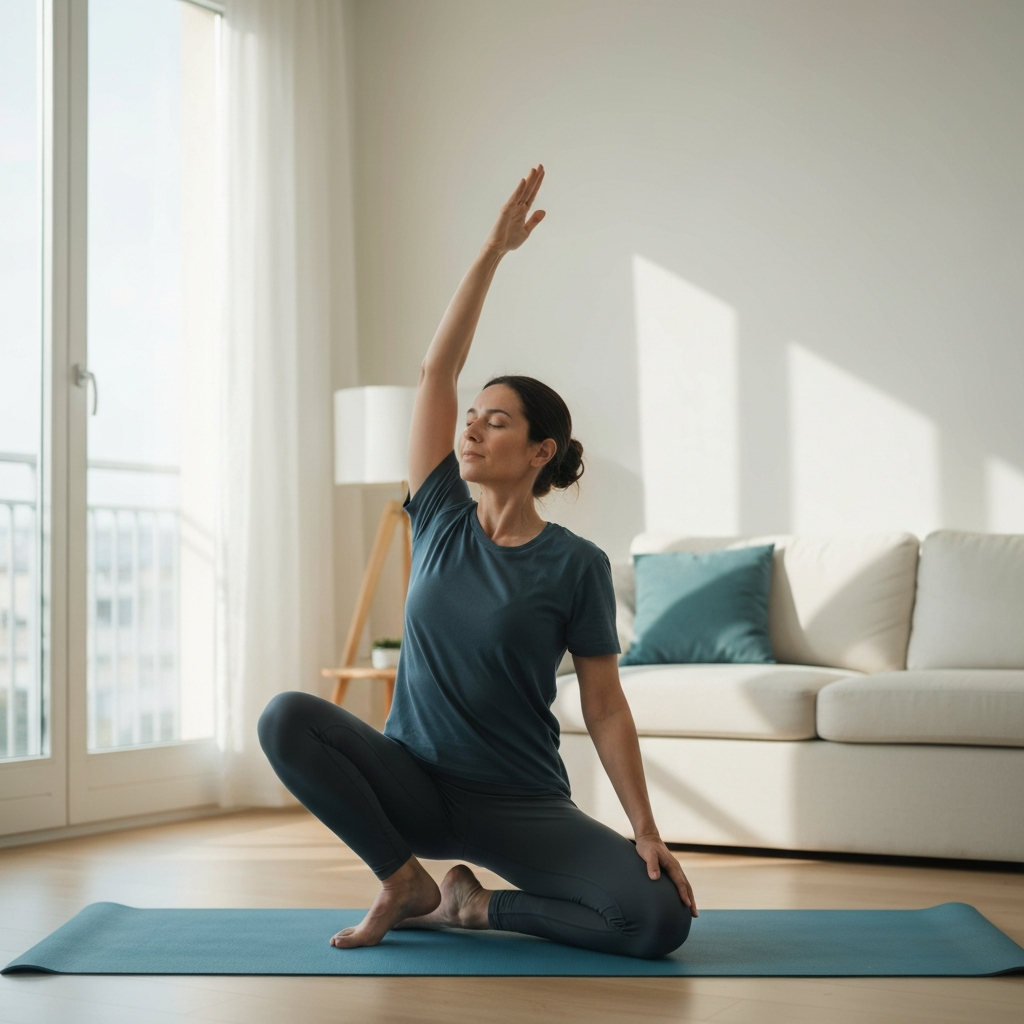 A person is practicing yoga in a brightly lit, minimalist living room. The soft, natural light is accentuating the serenity and focus on their pose and relaxed expression. The overall composition is clean and peaceful.