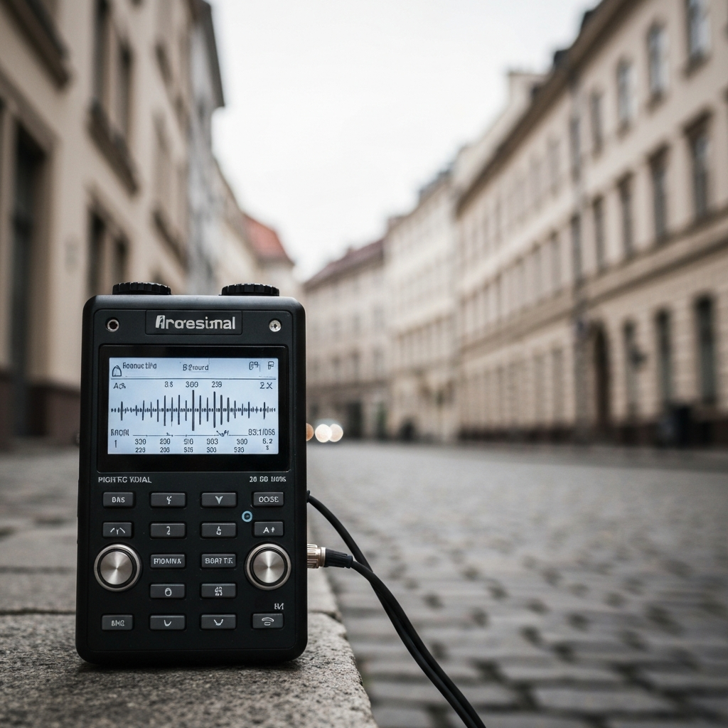 A close-up shot of a professional audio recorder sitting on a cobblestone street. The recorder's display screen is in focus, showing audio levels. Soft bokeh blurs the background of buildings.