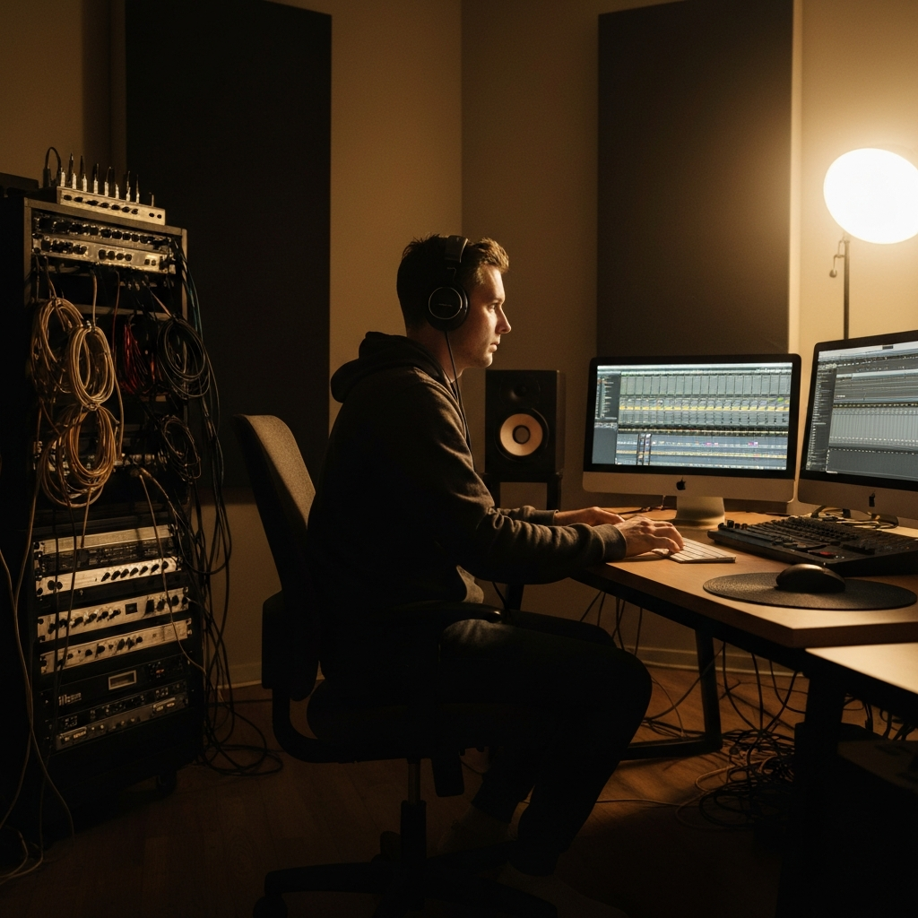 A person sits at a desk in a dimly lit studio, illuminated by the glow of a computer screen. They are wearing headphones and focused on the DAW interface. Cables and studio equipment are visible in the background, neatly organized.