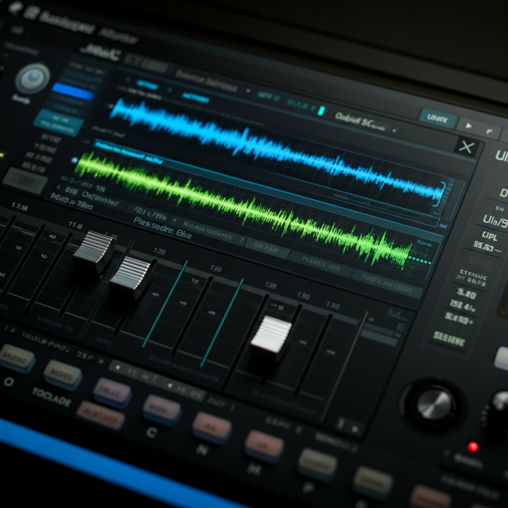 A waveform display in a DAW, showing a close-up of an audio clip being edited. The cursor is positioned on a specific point in the waveform. The surrounding interface is clean and professional.