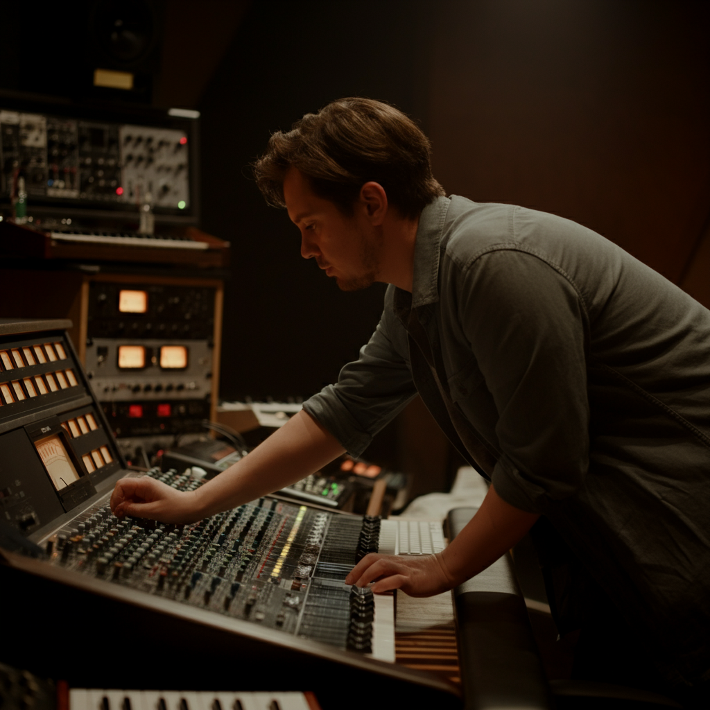 A person is hunched over a mixing console in a professional studio, adjusting knobs and faders. The studio is filled with various synthesizers and audio processing gear. Soft, warm lighting creates a focused atmosphere.