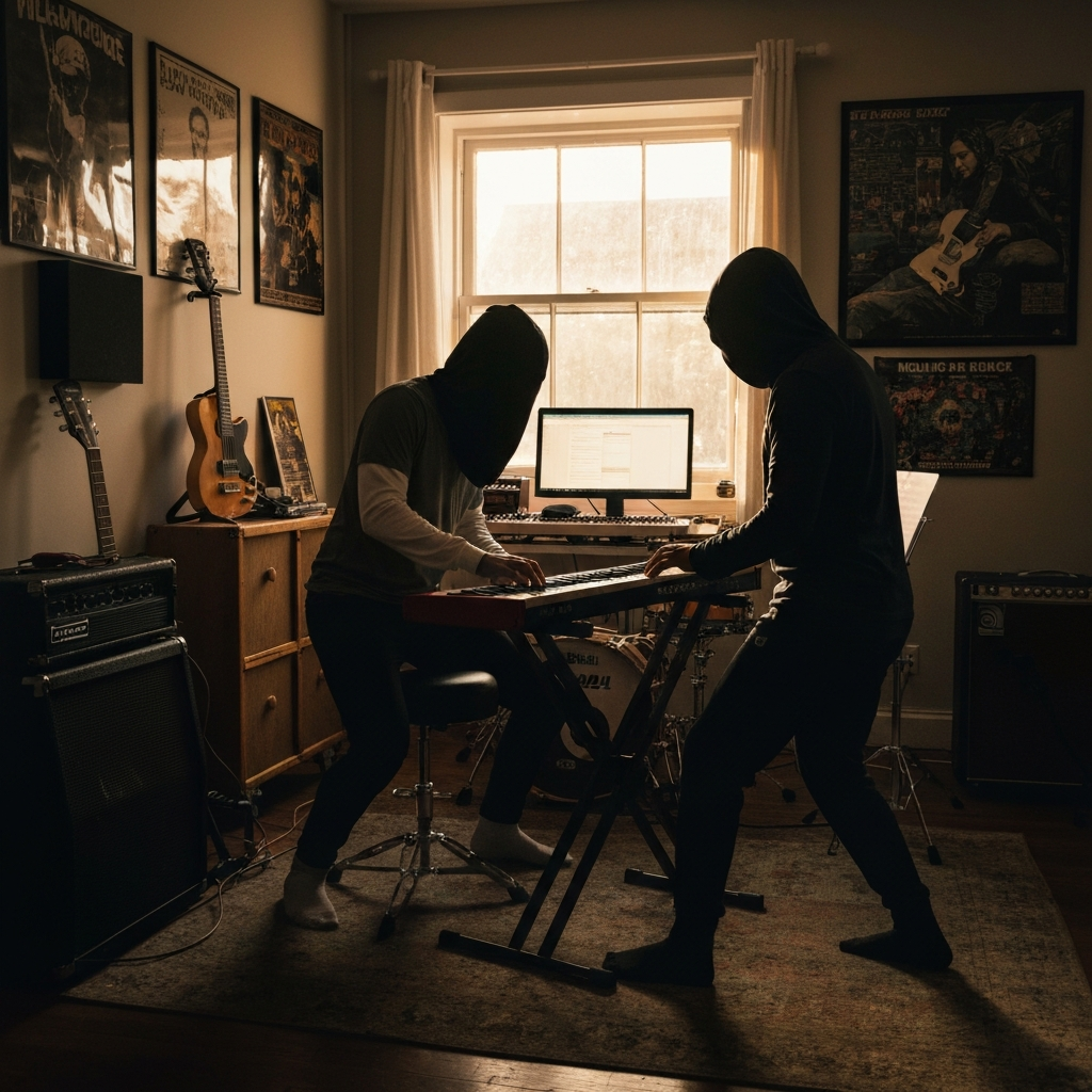 A musician plays a synthesizer in a home studio. The room is decorated with posters and musical instruments. Natural light streams in through a window, creating a warm and inviting atmosphere.