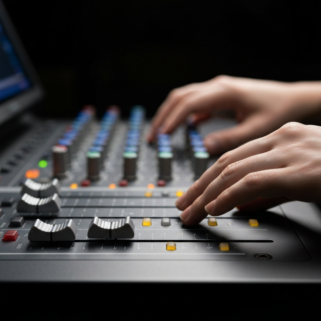 A close-up shot of a mixing console, showing the faders and knobs being adjusted. The scene is well-lit and focuses on the technical aspects of mixing. The console is clean and in good condition.
