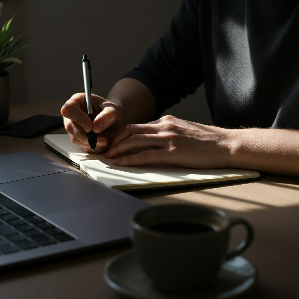 A person sitting at a desk, using a notepad and pen to write. The desk is tidy, with a laptop, a cup of coffee, and a small plant. Natural light streams in from a window, creating a warm, inviting atmosphere.