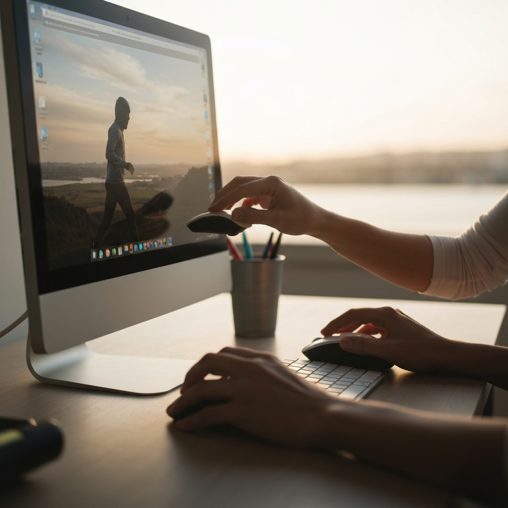 Hands using a mouse to drag and drop files on a computer desktop. The desktop background is a calming landscape. Soft, diffused light illuminates the hands and the mouse.