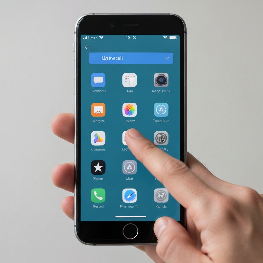 A smartphone displaying a list of installed apps. A finger is about to tap the uninstall button on one of the apps. The phone is held against a neutral background with even lighting.