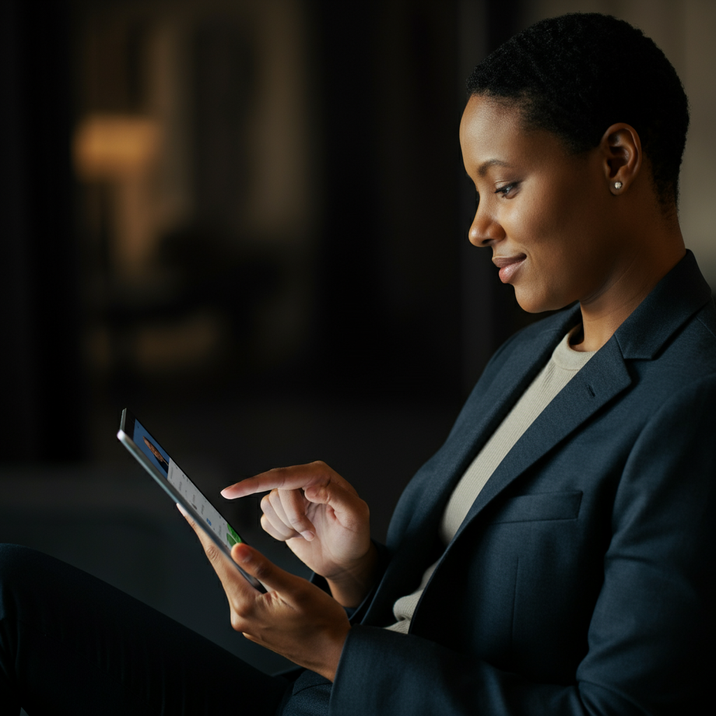 A person using a tablet, scrolling through a social media feed. The person's expression is relaxed and focused. The background is blurred to emphasize the tablet and the person's interaction with it.