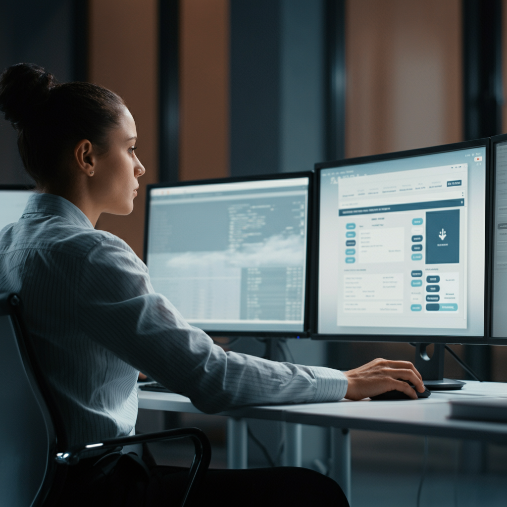 An office worker efficiently managing files across multiple computer screens. One screen shows a cloud storage application interface. The lighting is bright and professional, creating a sense of productivity.