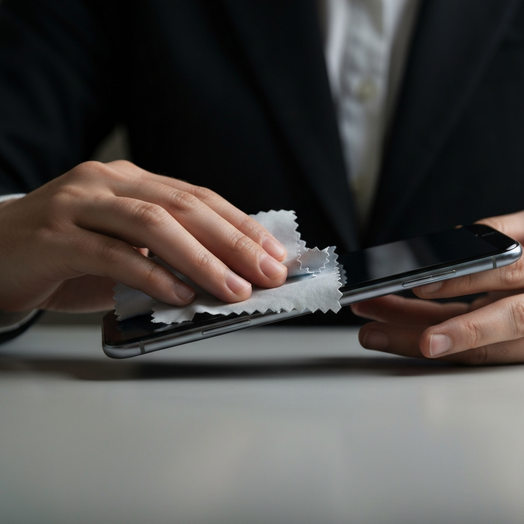 Hands cleaning a smartphone screen with a microfiber cloth. The screen is sparkling clean and reflects the light. The background is blurred to emphasize the smartphone and the cleaning process.