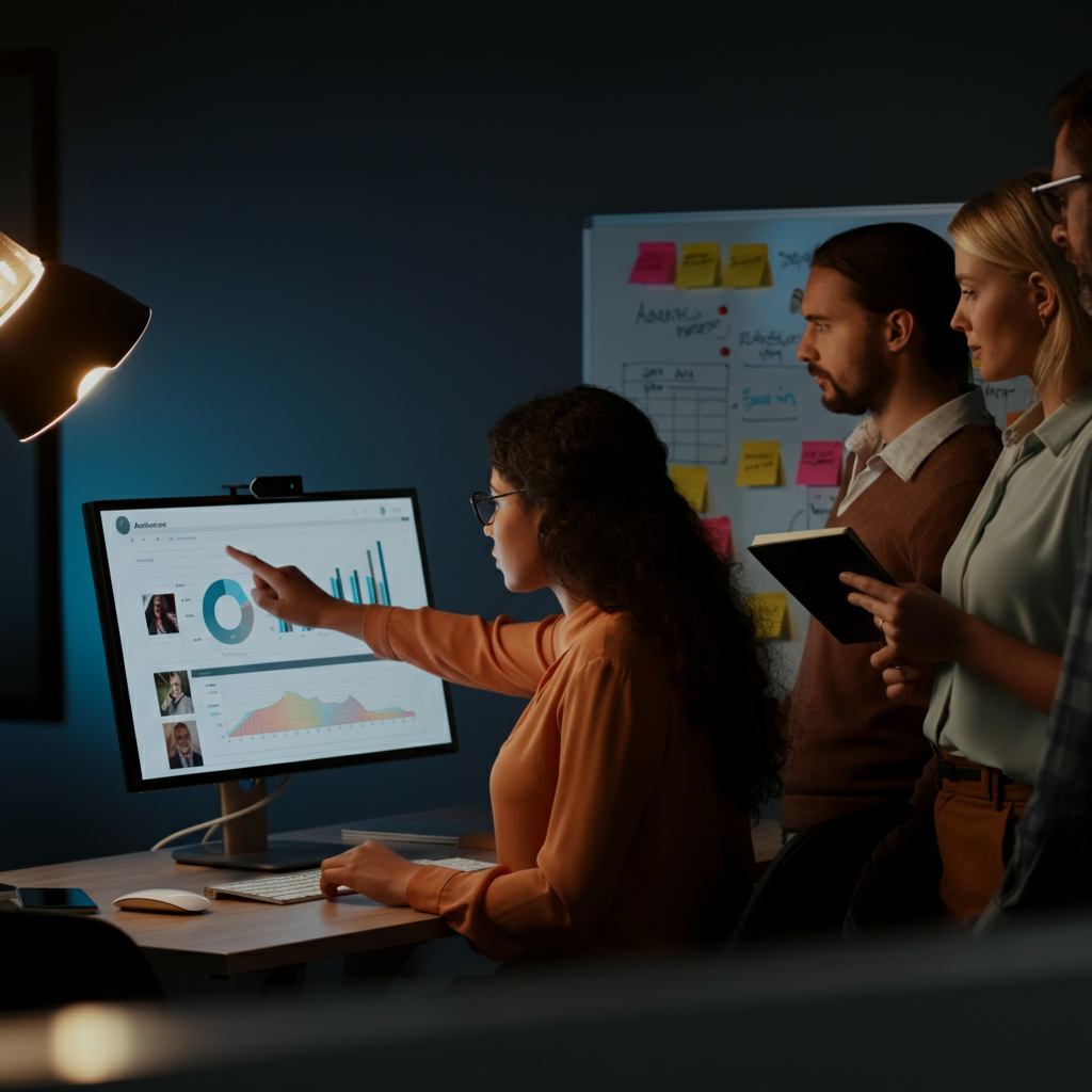 A brightly lit office space. A team of four professionals huddle around a large monitor displaying audience analytics data. One woman points at a specific demographic group on the screen, another takes notes on a pad of paper. Soft bokeh background reveals a whiteboard covered in sticky notes with keywords and phrases.