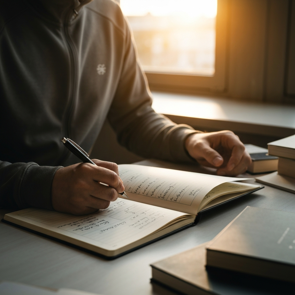 A person sitting at a desk with a notebook and pen, sketching a content outline. The notebook is open to a page with handwritten notes and diagrams. The lighting is warm and inviting, with sunlight streaming through a nearby window. The desk is cluttered with books and other writing materials.