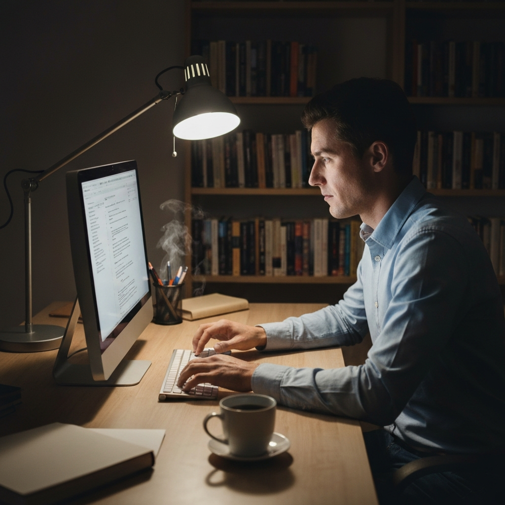A writer sits at a desk, illuminated by a soft lamp. They are focused on a computer screen, fingers poised above the keyboard. A steaming mug of coffee sits nearby. The room has a cozy and productive atmosphere, with books lining the shelves in the background.