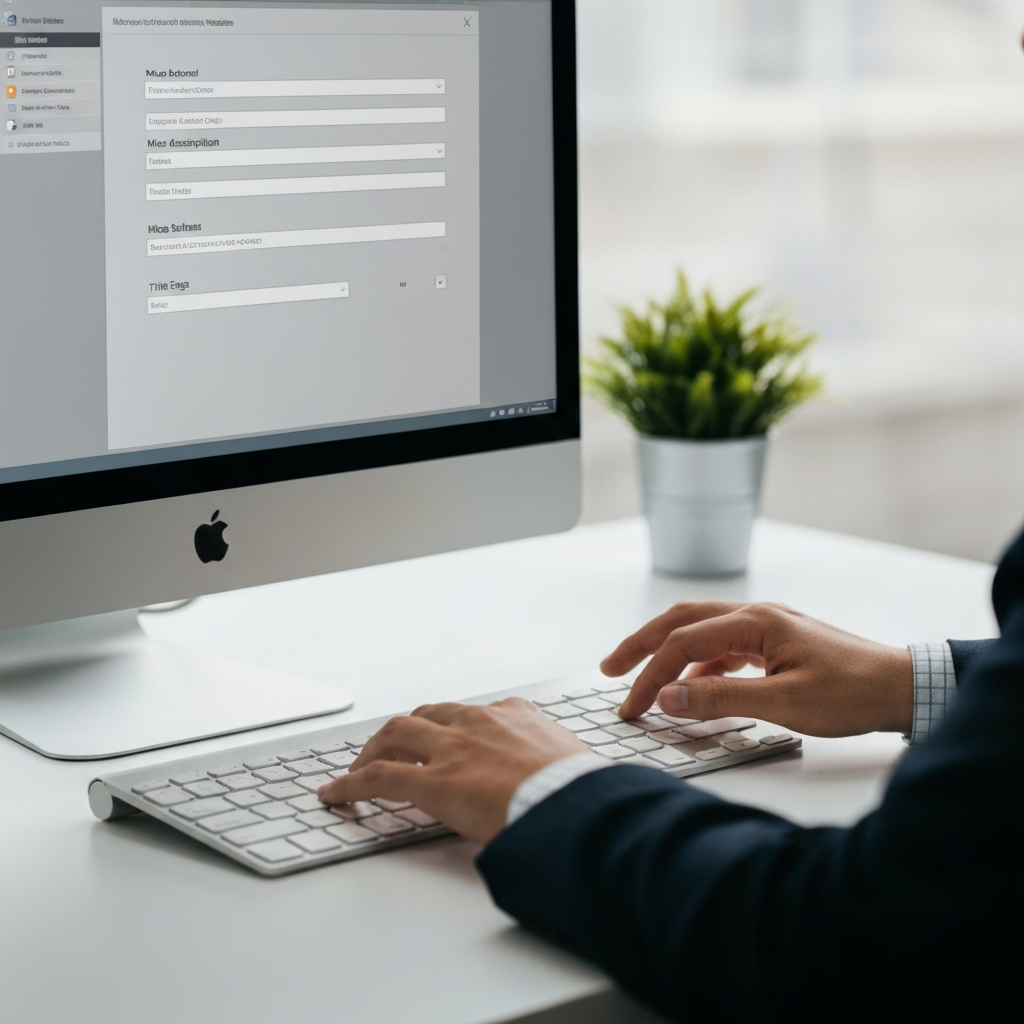 A hand hovers over a keyboard, ready to type. The computer screen displays the back-end of a website, with fields for meta descriptions and title tags. The scene is well-lit and professional, emphasizing the importance of meticulous SEO practices.