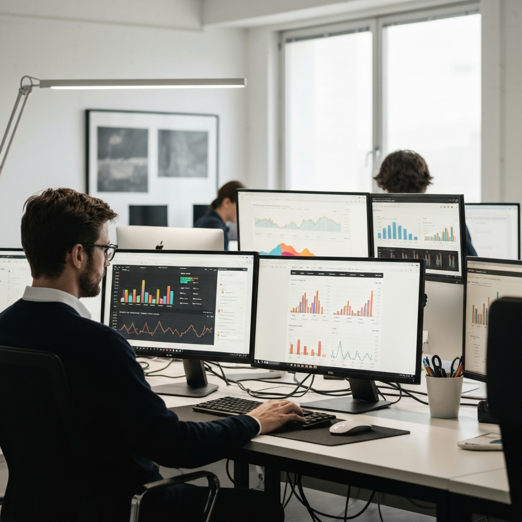 A bustling office environment. An individual is working at a computer, surrounded by multiple monitors displaying social media analytics, email marketing platforms, and website traffic data. The lighting is bright and energetic, showcasing a data-driven approach to content promotion.