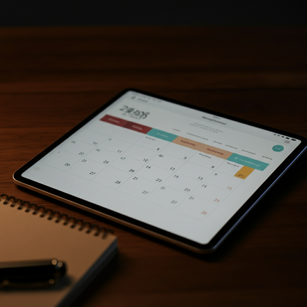 A close-up of a digital calendar app on a tablet, displaying a week's worth of color-coded events and reminders. The tablet is resting on a wooden desk, with a pen and notebook nearby. Soft, natural light reflects off the screen, highlighting the clarity of the digital display.