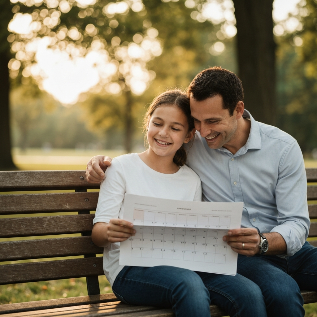 A parent and child sitting together on a park bench, reviewing a printed-out calendar. They are smiling and engaged in conversation. Soft, golden hour lighting filters through the trees, creating a warm and inviting atmosphere. Focus on the texture of the wooden bench and the slight wrinkles on the calendar paper.