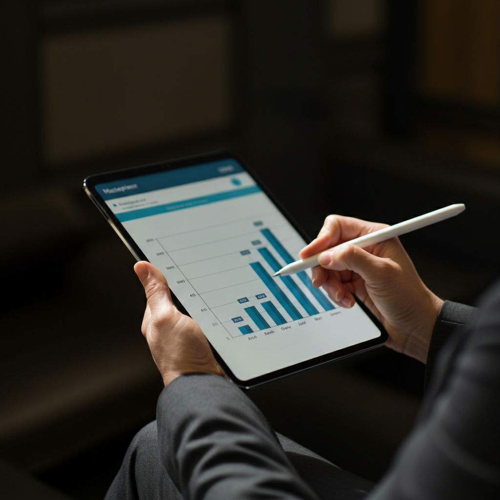 A close-up shot of a tablet displaying a bar graph showing revenue streams. The screen reflects a soft, diffused light. The tablet is held by a hand with a pen, poised to make notes. 