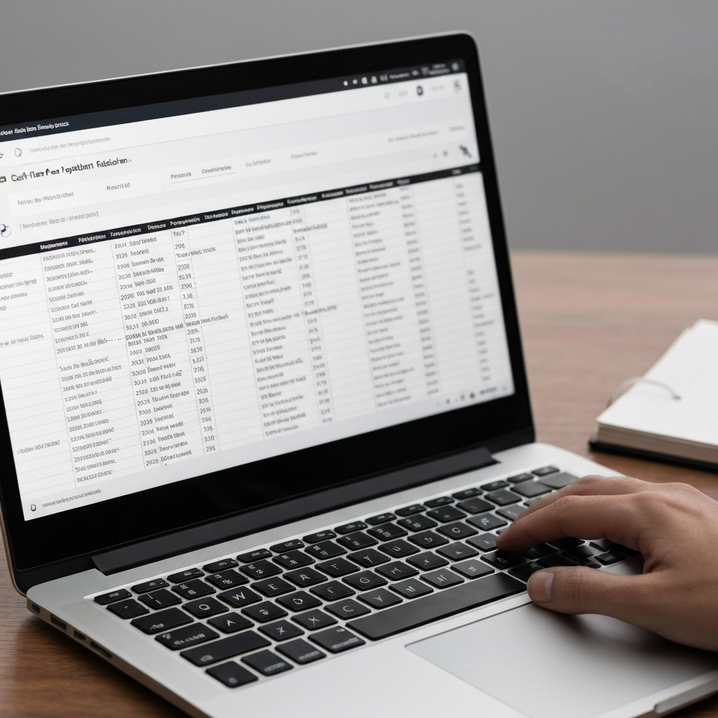 A detailed spreadsheet on a laptop screen displaying cash flow projections. Side-lit textures on the keyboard. A person’s hand is resting on the mouse, ready to scroll.