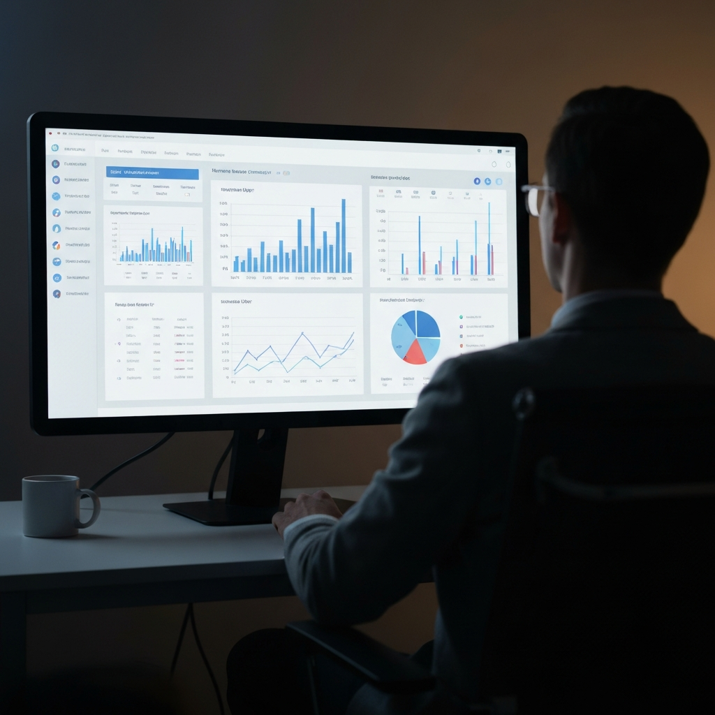 A dashboard on a large monitor displaying various charts and graphs representing KPIs. The lighting is soft and even, highlighting the data visualization. A person sits in a chair with their back to the camera, viewing the dashboard.