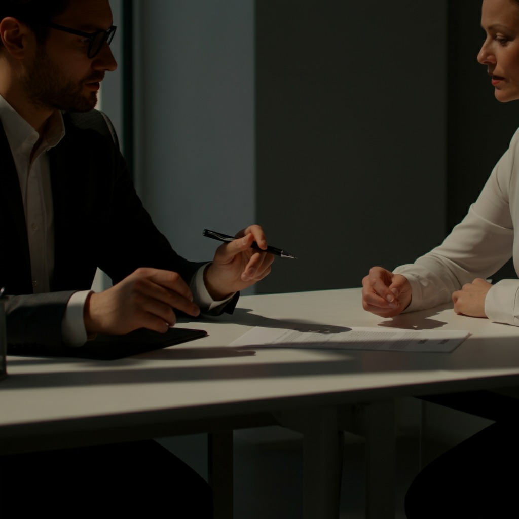 A brightly lit modern office. Two people are sitting across a desk from each other, reviewing a document. One person gestures with a pen, emphasizing a point. The focus is on the professional environment and the interaction.