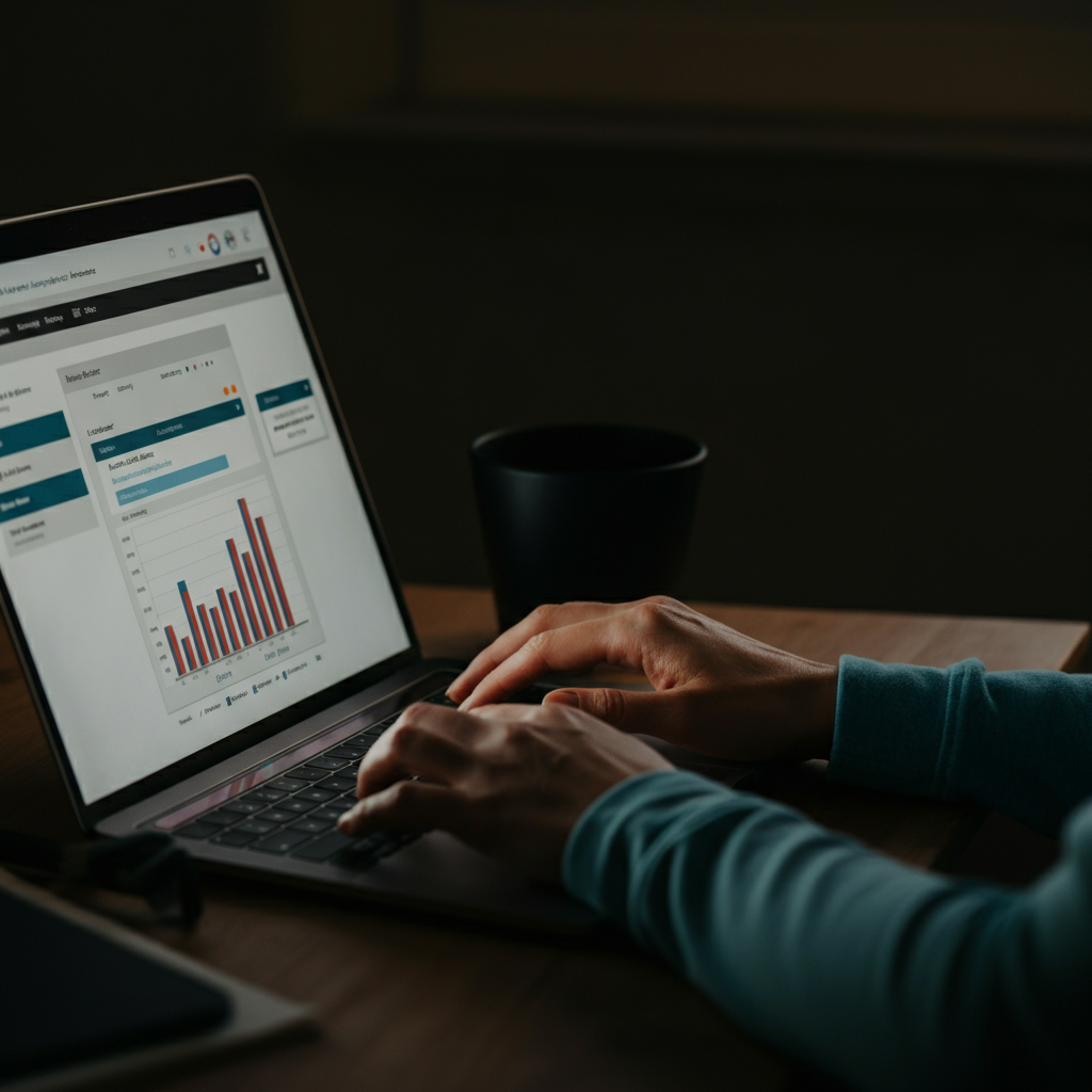 A pair of hands working on a laptop keyboard, with an accounting software interface visible on the screen. The room is dimly lit, with the screen providing the primary illumination. Focus on the hands and the laptop keys.