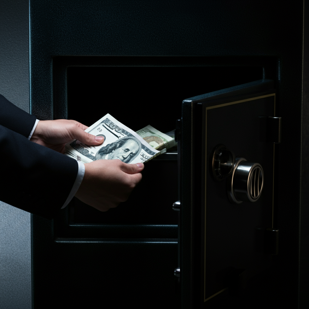 A person placing cash into a secure safe. The light is directed onto the safe, highlighting the texture of the metal. Focus on the act of securing the funds.